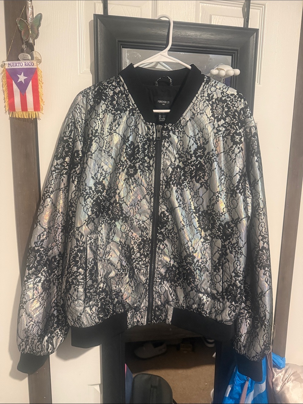 Forever 21 Silver Bomber Jacket with Black Lace Overlay